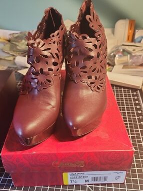 Carlos by Carlos Santana Wine Floral Laser-Cut Ankle Booties